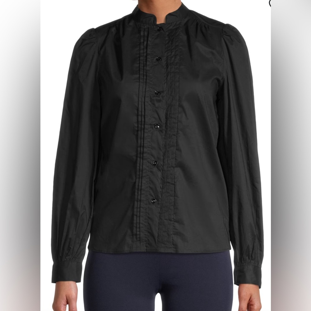 Walter Baker Puff Cotton Blouse Button Down Black Small Mandarin Collar NWT $148